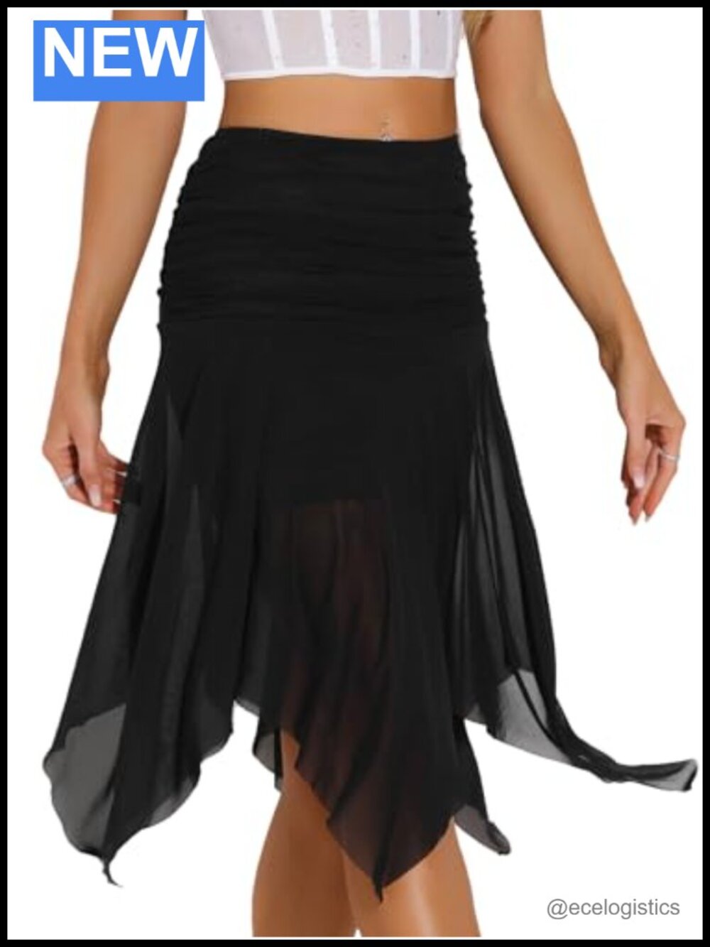 Asymmetrical Ruched High Waisted Sheer Mesh Midi Skirt